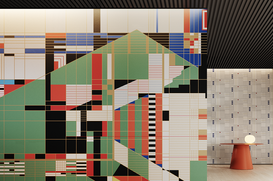 Hillside Theater curtain design reproduced as a large-scale mural