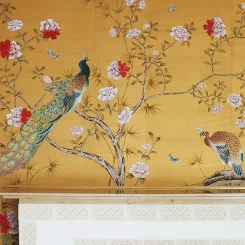 Hand-painted silk panel: peacock and blossom on a gold ground