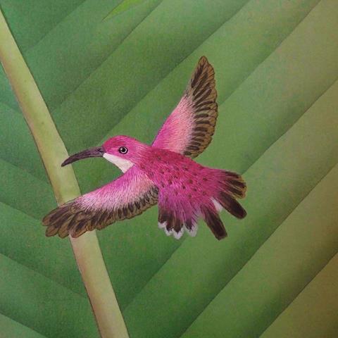 Pink hummingbird hand-painted beside a green leaf