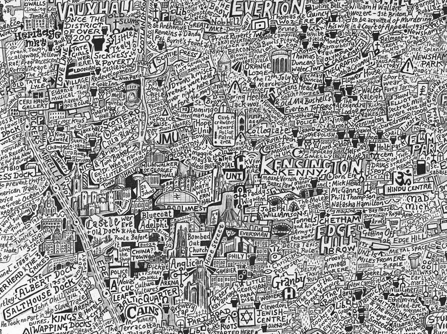 Stephen Walter Map of Liverpool, hand drawn in black and white