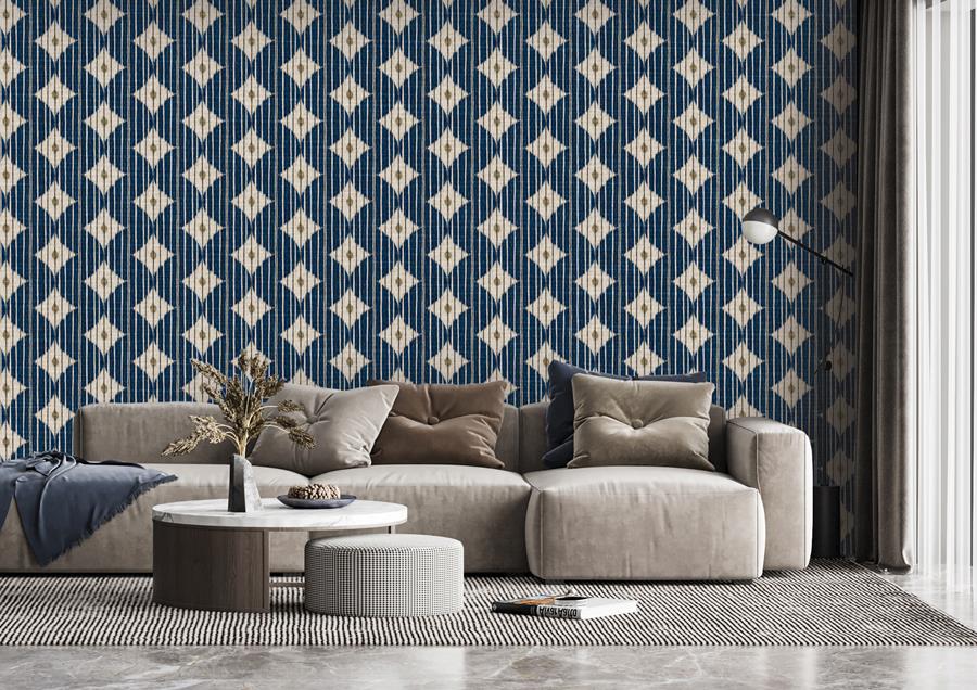 Living room with a blue and gold diamond-pattern residential wallpaper