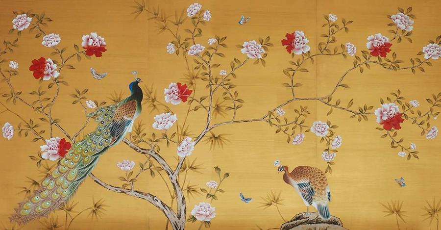 Hand-painted silk panel: peacock and blossom on a gold ground