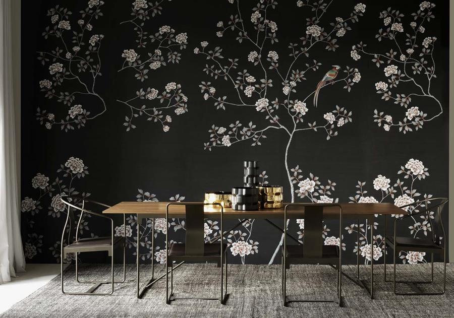 Dining room with hand-painted floral silk on a black ground