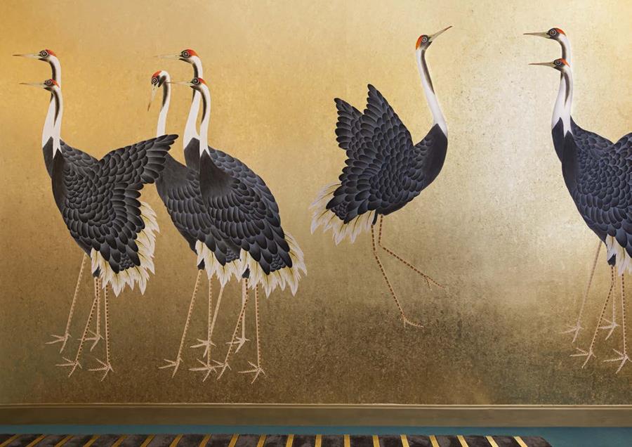 Hand-painted cranes on a gold silk ground