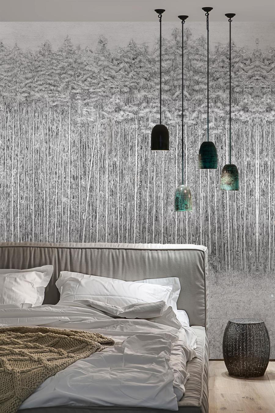 Stephen Walter Myriorama: a black and white drawn mural behind a bed