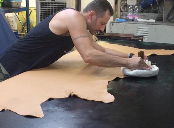 A tanner padding a finish onto a hide