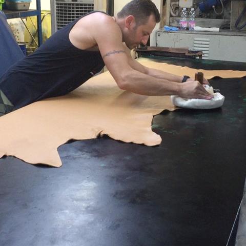 A tanner padding a finish onto a hide
