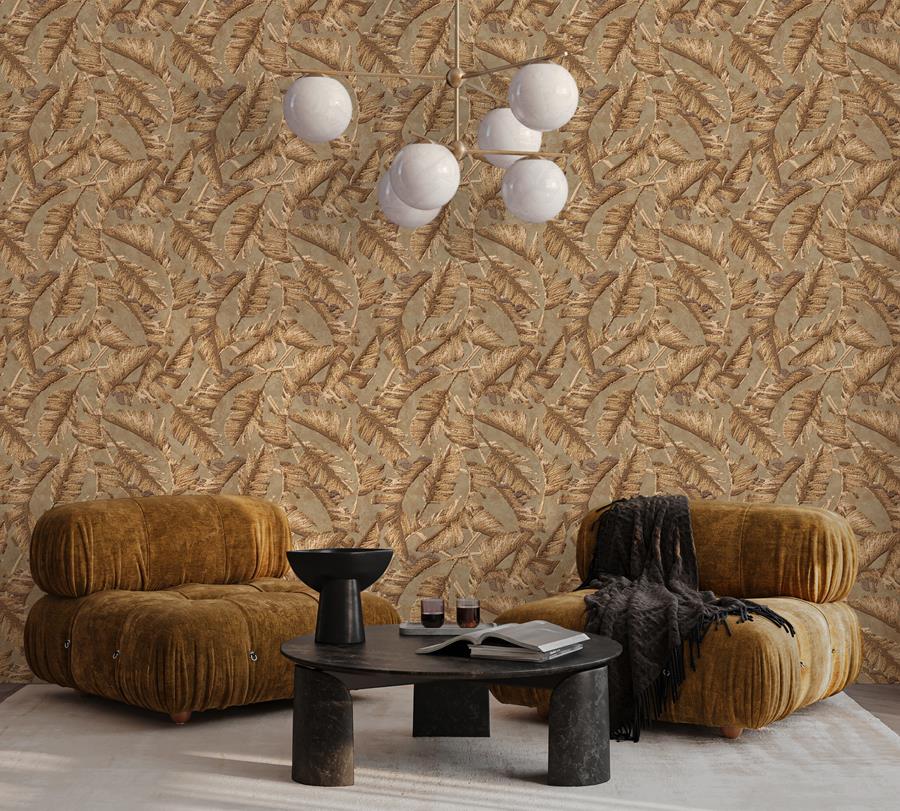 Gold feather-leaf print wallcovering behind two lounge chairs