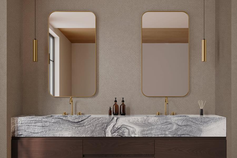 Bathroom vanity with two round mirrors on Newmor Prism wallcovering