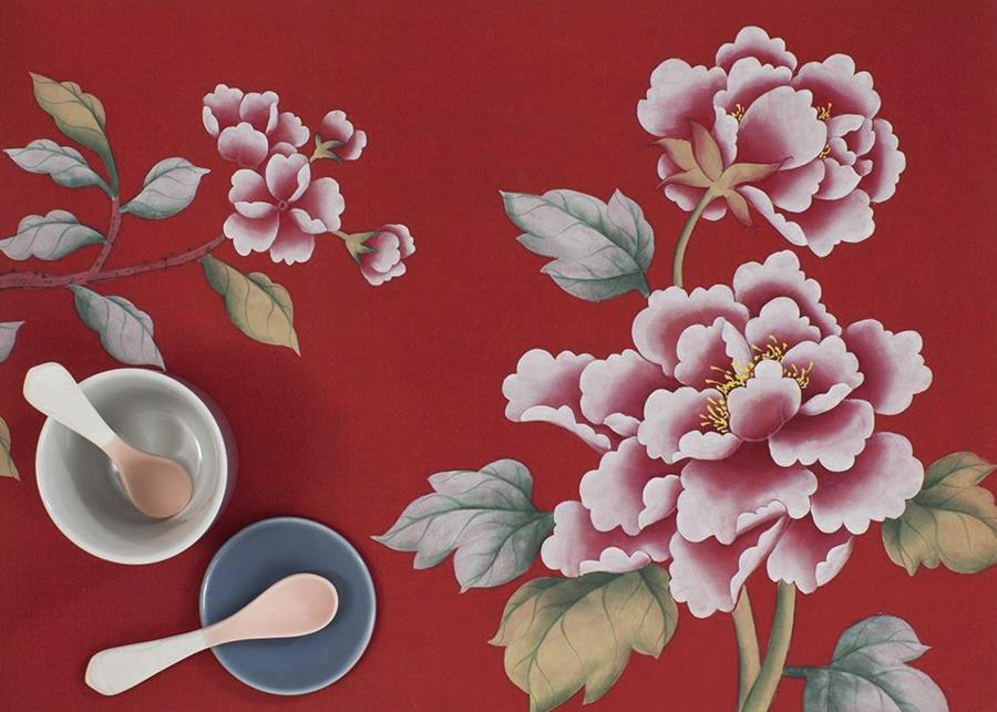 Misha Red Peonies: pink peonies painted on red silk, with a bowl and brush