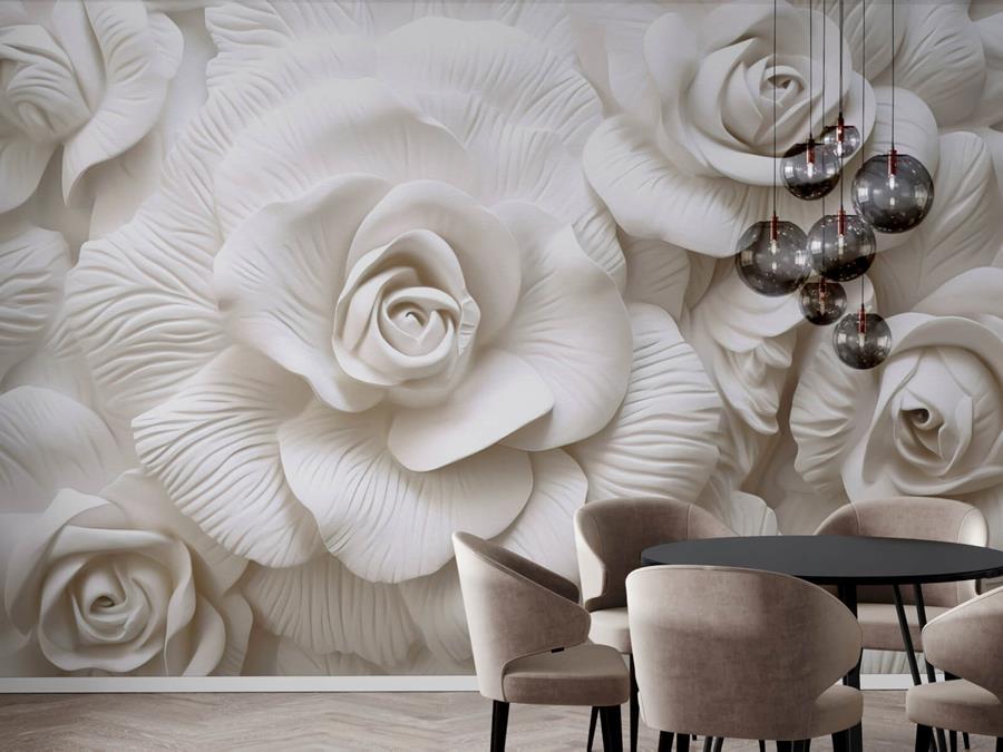 Newmor Industrialis Rosa: a large white rose mural behind a dining table