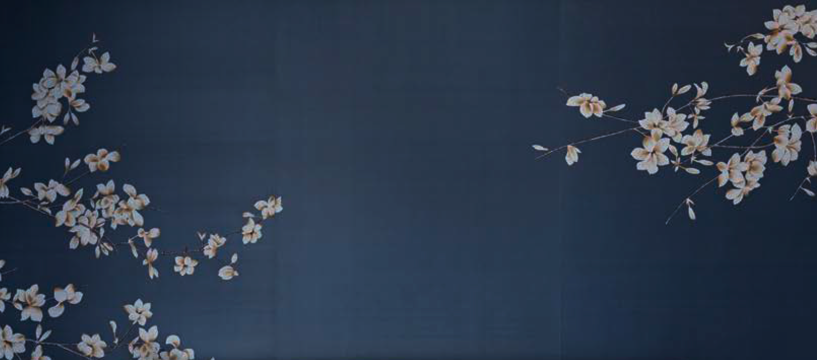 Hand-painted blossom branches on a deep blue silk ground