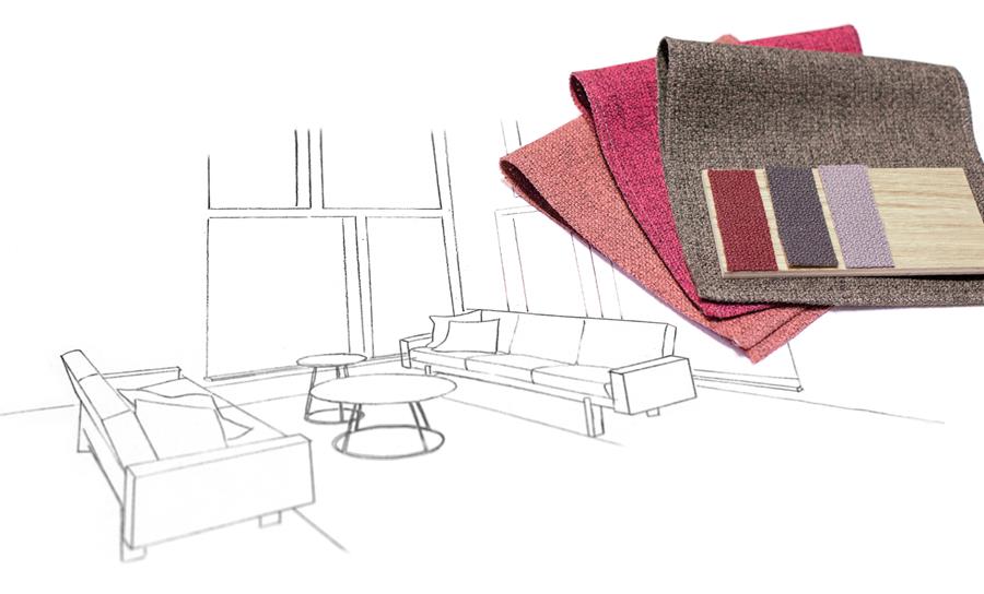Gabriel fabric swatches in red and pink over an office drawing