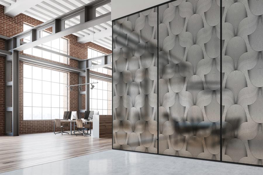 A patterned film on a glass office partition