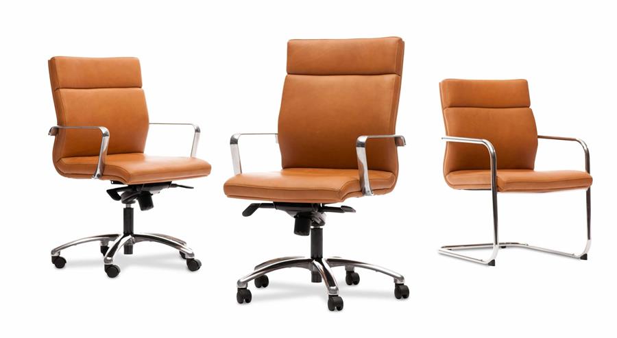 Three office chairs upholstered in tan leather