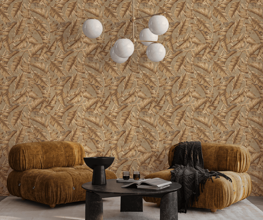 Mustard armchairs and globe pendants against a gold textured leaf-pattern wallcovering