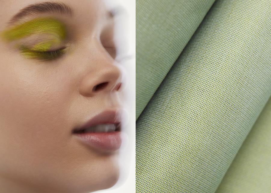 Woman with green eye make-up beside green Svensson Alter fabric