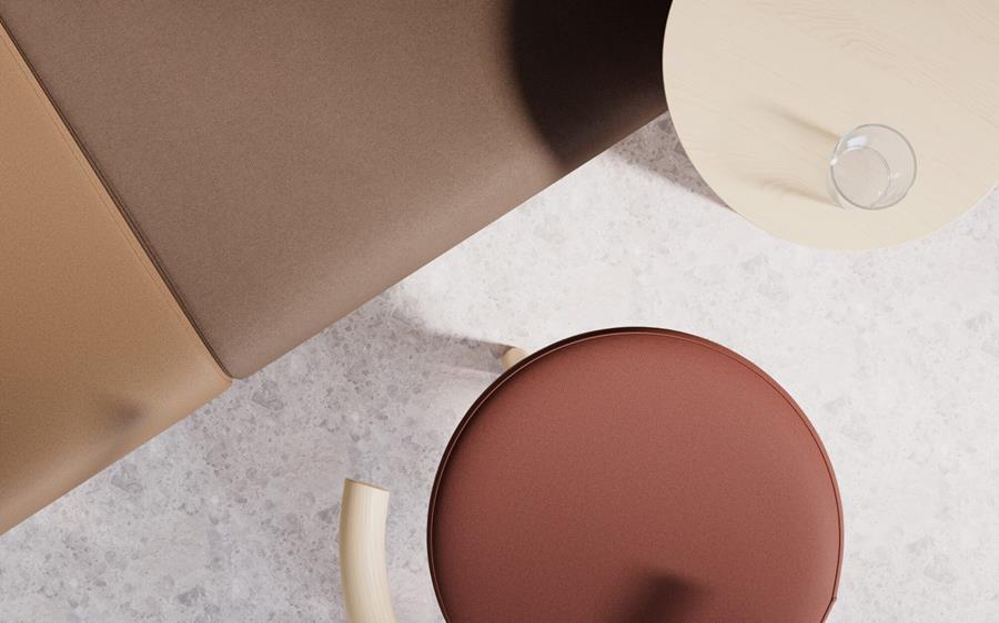 Designtex Ethos in tan and brown on round stools