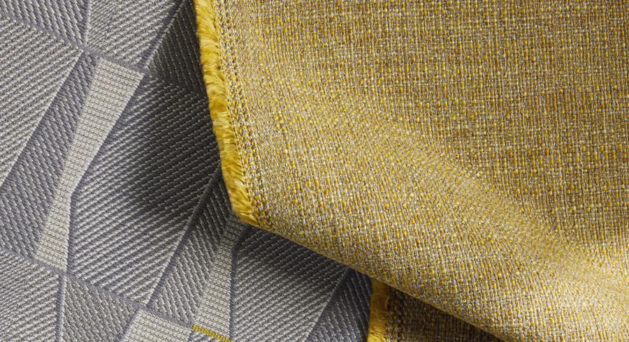 Grey geometric and mustard Designtex fabrics
