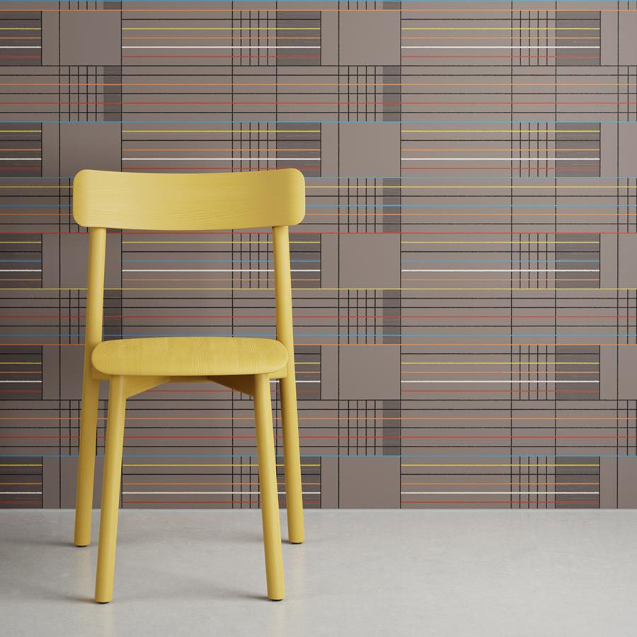 Fellowship: grid-pattern digital wallcovering behind a yellow chair