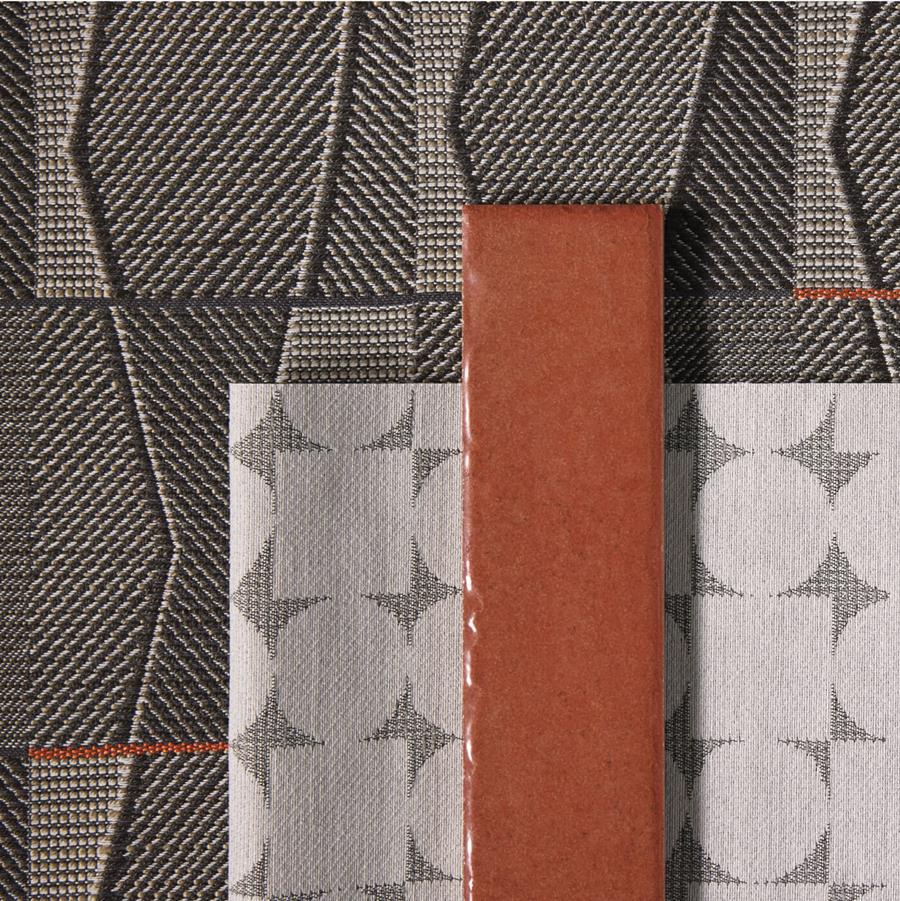 Designtex Acre geometric patterns with a rust accent