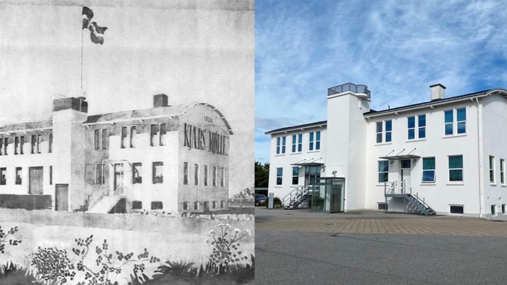 A white mill building with a tower, as an archive drawing beside a photograph of it today