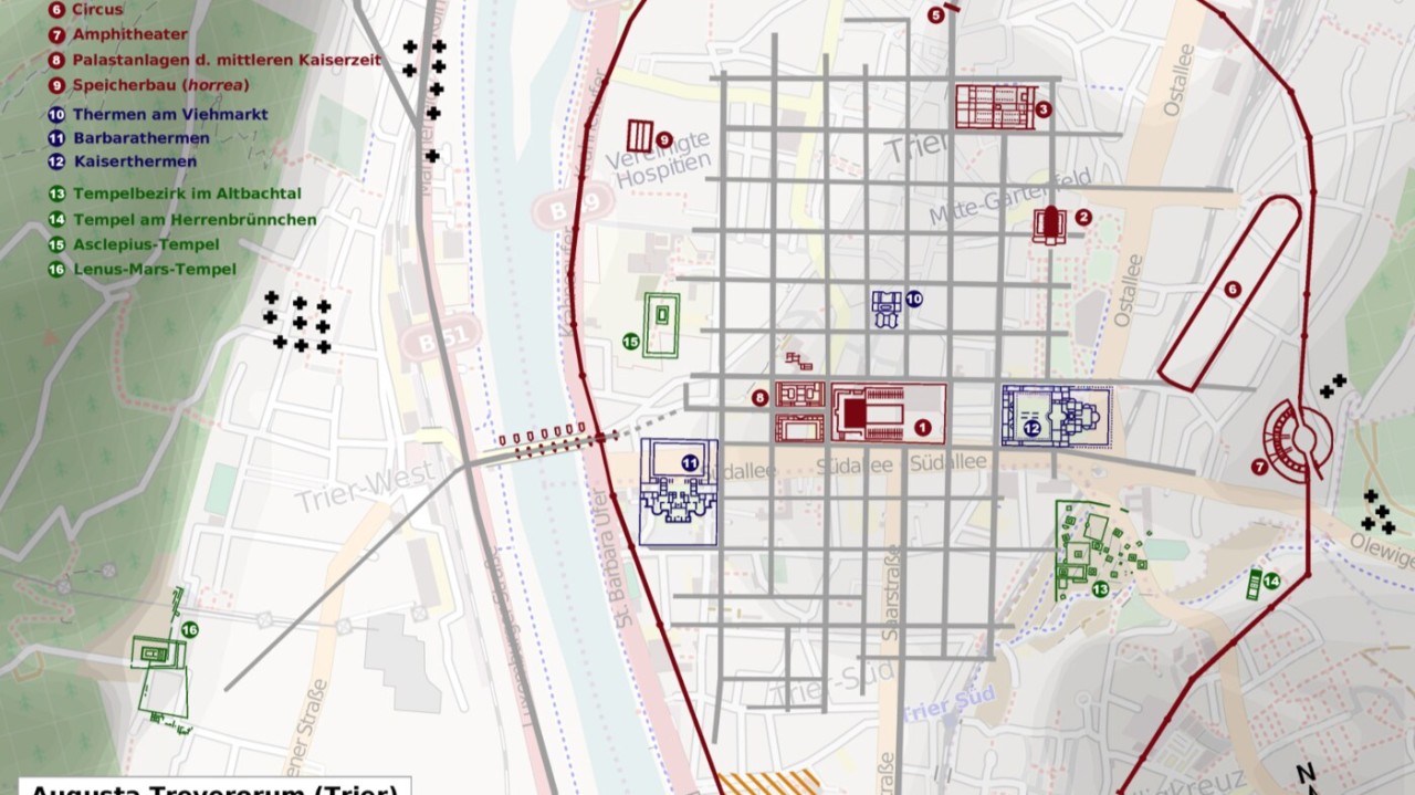 An old plan of Roman Trier, Augusta Treverorum, its street grid inside the city walls