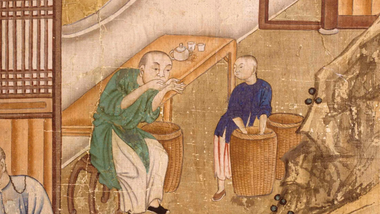 A detail of a hand-painted Chinese scene: two men beside baskets outside a pavilion