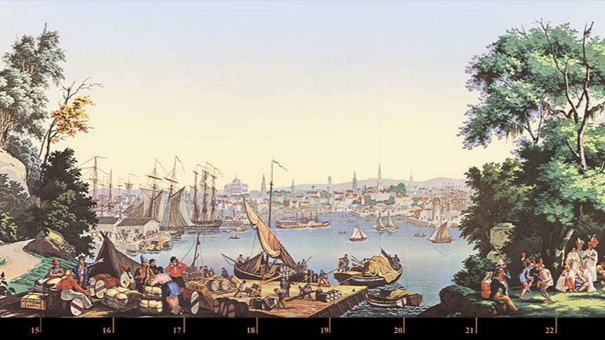 A panoramic scenic wallpaper of a busy harbour, sailing ships and trees under a pale sky