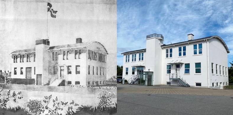 Kjærs Mølle, drawn in its early years and photographed today