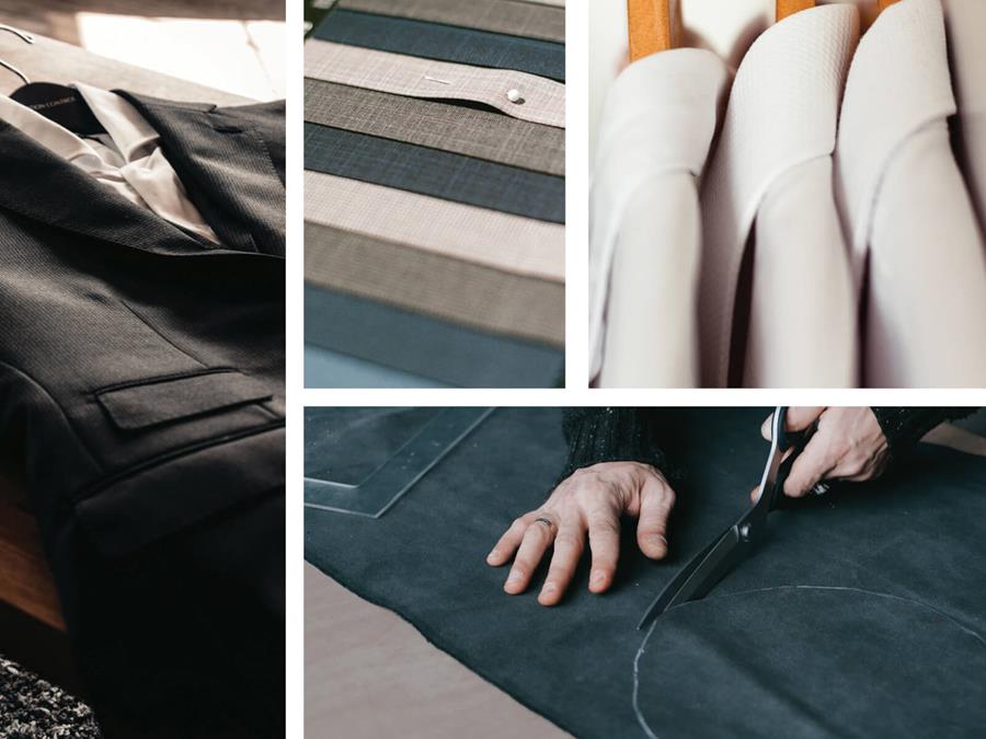 A moodboard of tailored cloth and fashion behind Newmor Oxford