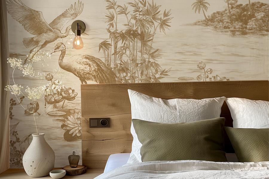 Bedroom with a digitally printed scenic mural of herons and bamboo