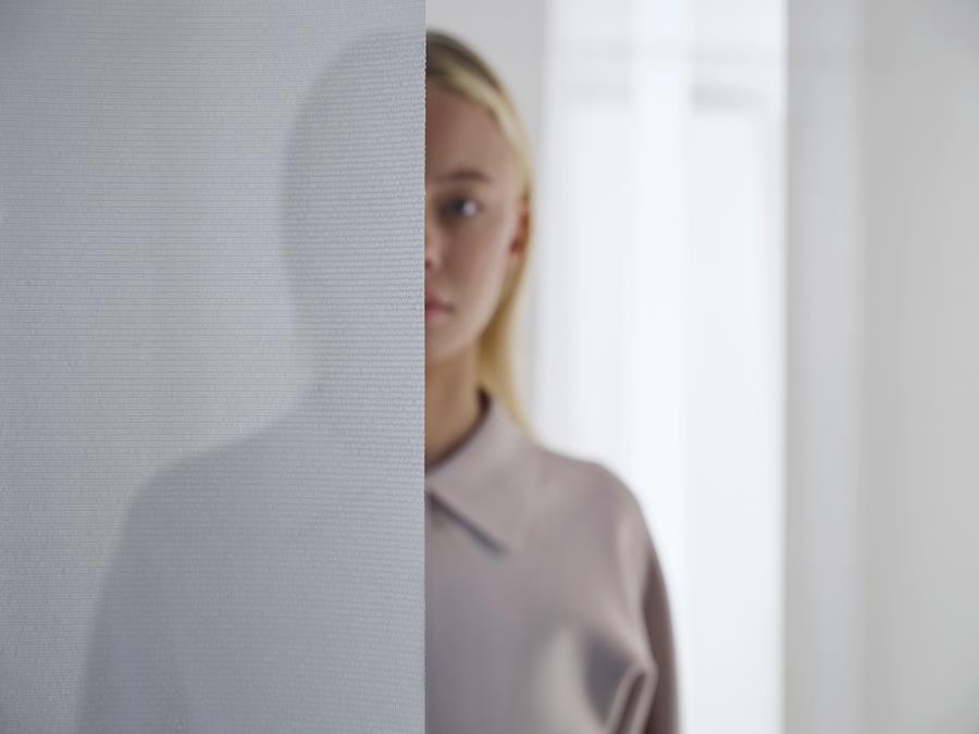 A woman behind a pale translucent Svensson blind