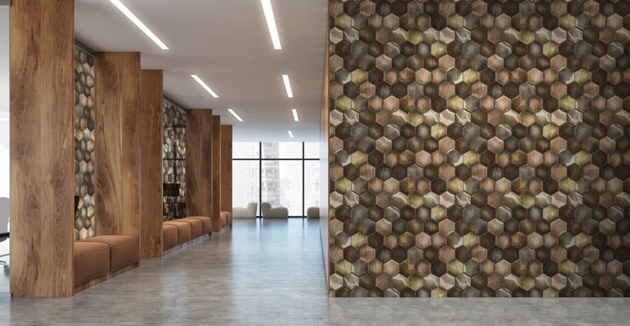An office corridor beside a dark tessellated wall
