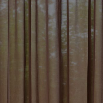 Sheer brown curtain in folds, trees showing through